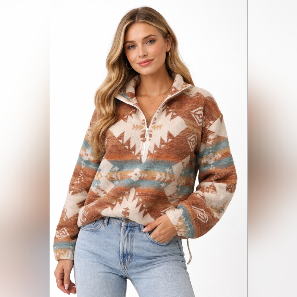 New In Aztec Southwest Print Quarter Zip Pullover Sweater S Cream Rust